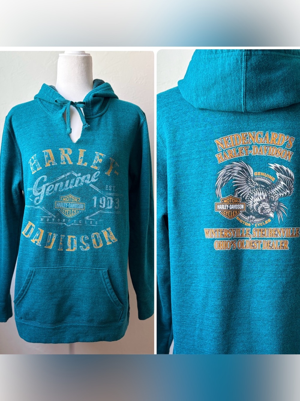Harley-Davidson Eagle Graphic Hoodie Teal XL Ohio Dealer Pullover Biker